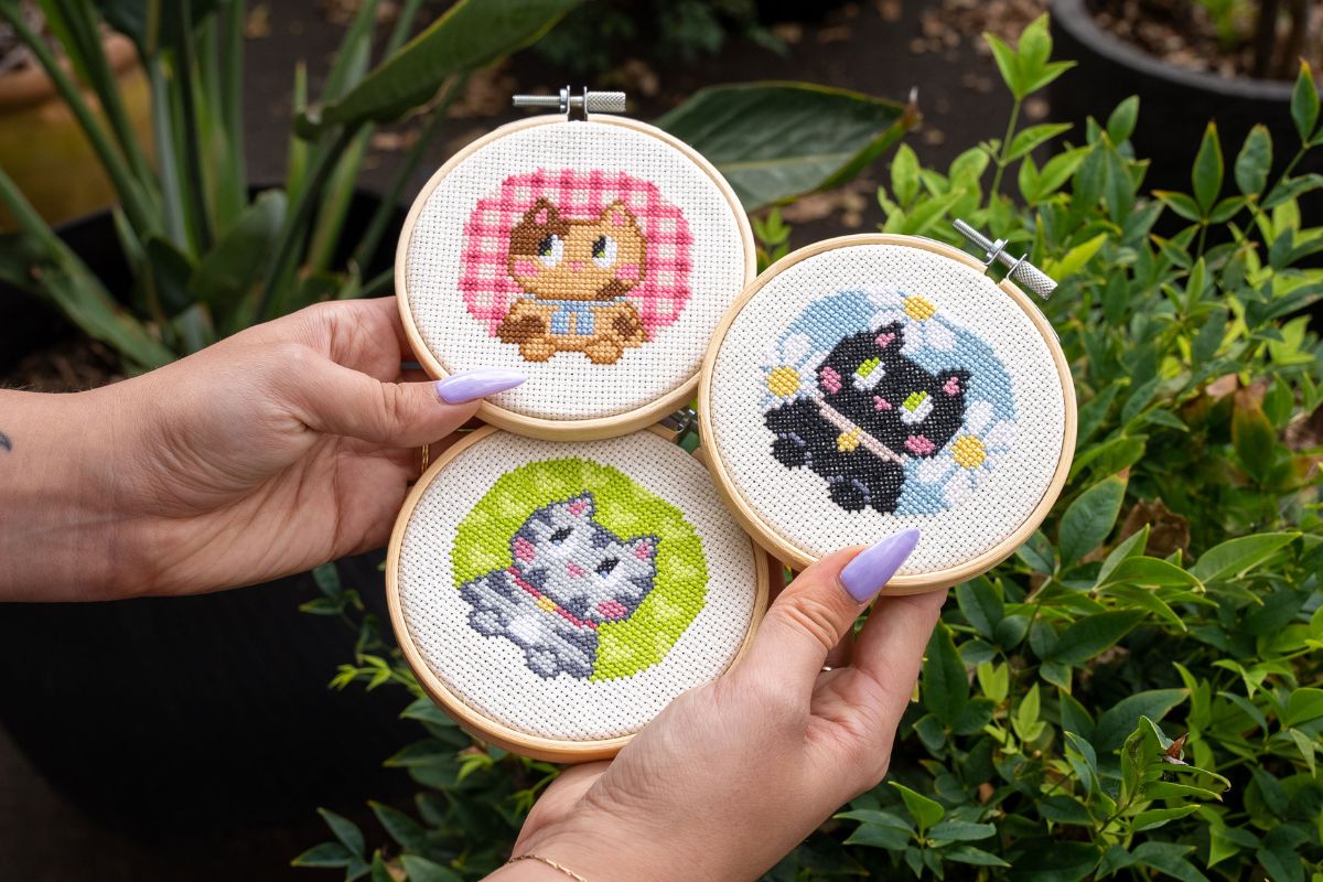 Craft Club Co DIY cross stitch kits with beginner-friendly kitten pattern.