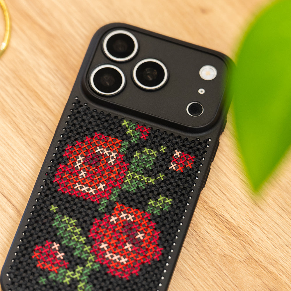 Craft Club Briar Rose Cross Stitch Phone Case Kit — finished case close-up
