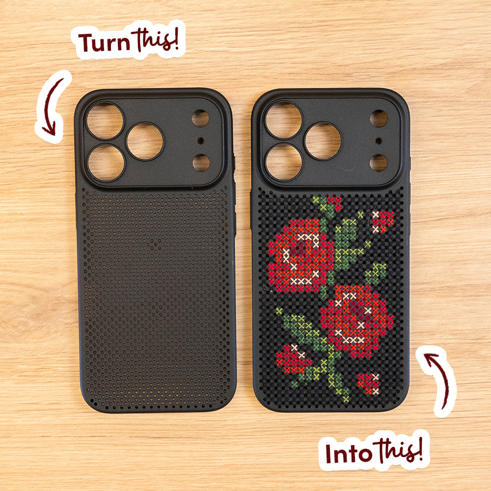 Craft Club Briar Rose Cross Stitch Phone Case Kit — turn this into this — blank case and finished case