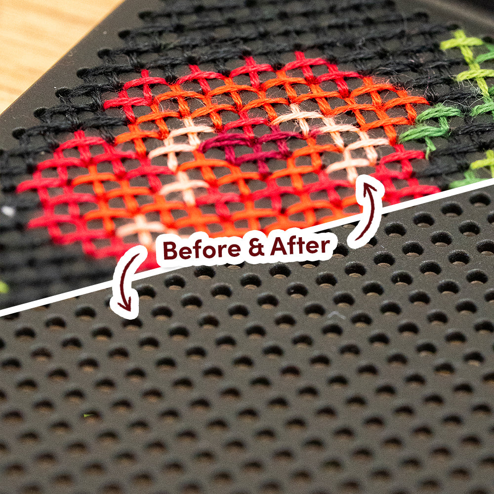 Craft Club Briar Rose Cross Stitch Phone Case Kit — before and after stitch close-up