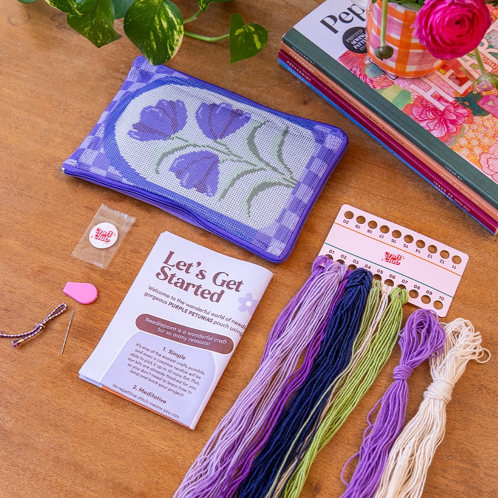 Craft Club Co Purple Petunias - Needlepoint Pouch Kit