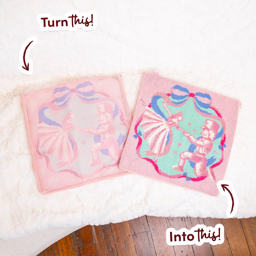 Craft Club PINK CHRISTMAS DUO - Needlepoint Cushion Bundle — Barbie™ & Nutcracker cushion before and after stitching