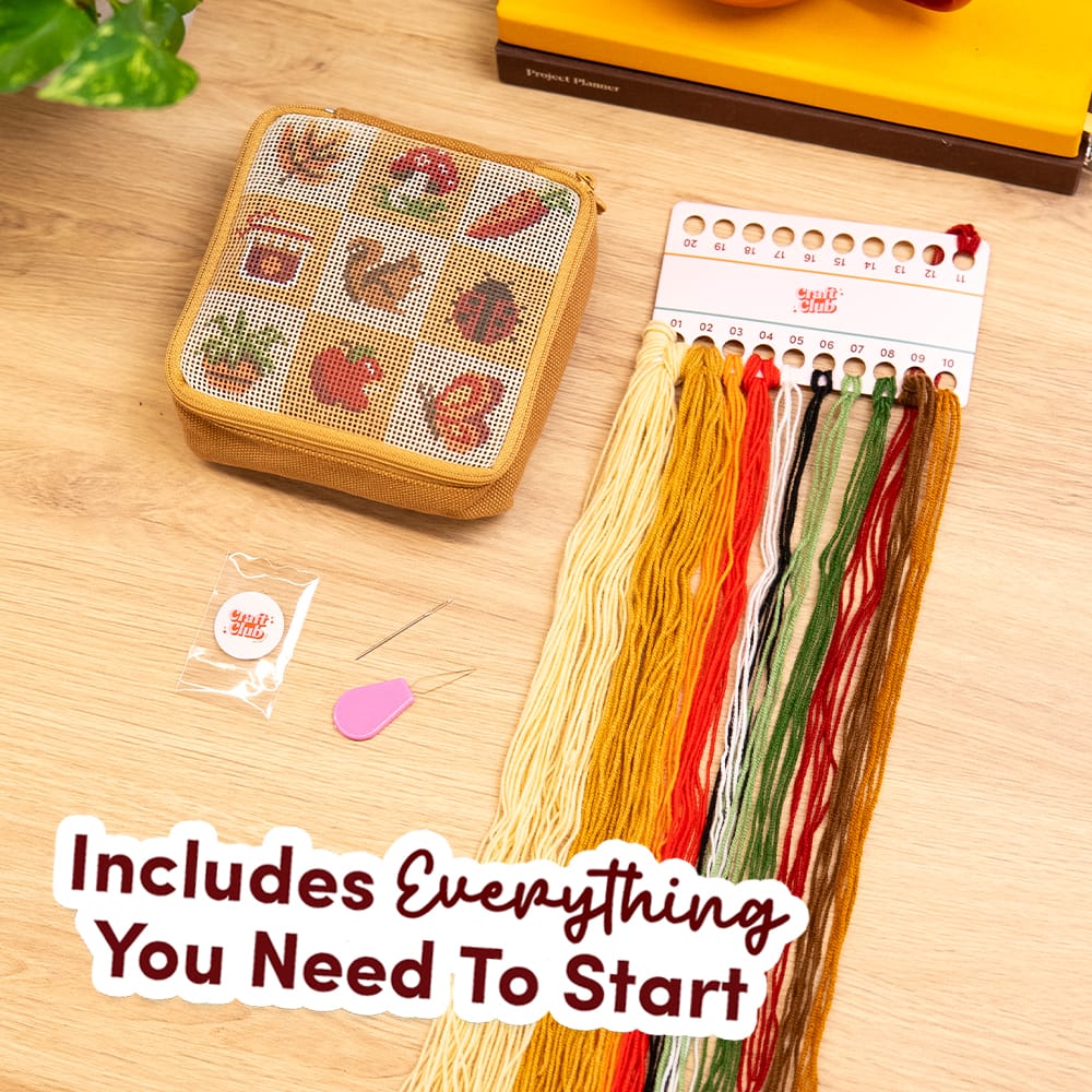 Everything in the FALL HARVEST CHARMS kit: printed pouch, yellow, red, green and cream thread, needle threader and pattern guide