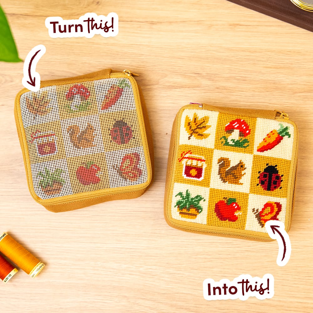 FALL HARVEST CHARMS before and after: the printed pouch beside the finished stitched one