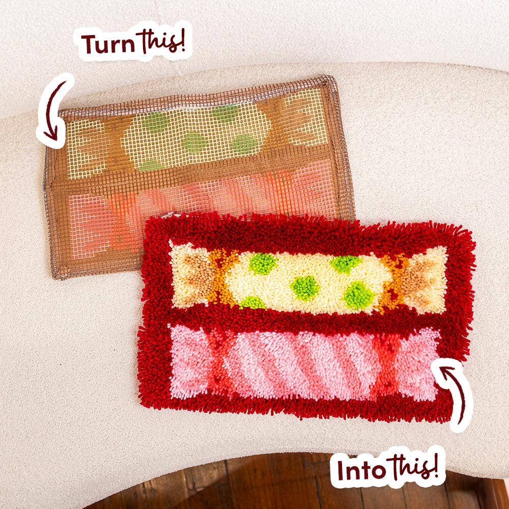 Craft Club CHRISTMAS CRACKERS - Latch Hook Cushion Kit — printed canvas beside the finished cushion, turn this into this