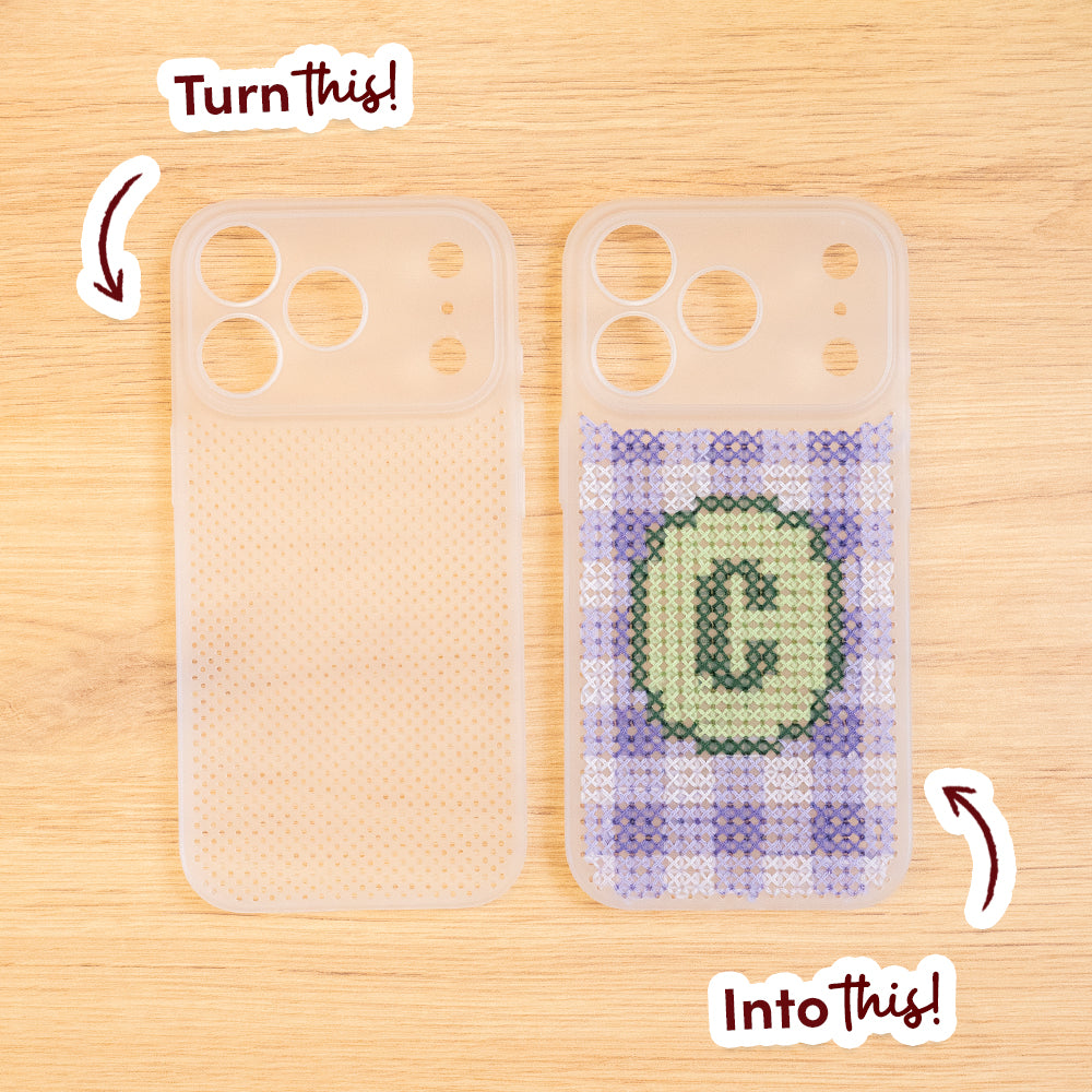 Craft Club Lavender Sage Personalised Initials Cross Stitch Phone Case Kit — turn this into this — blank case and finished case