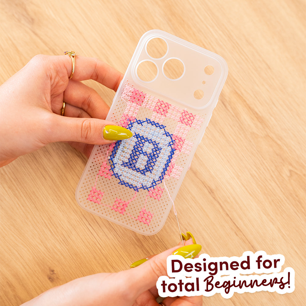 Craft Club Lavender Sage Personalised Initials Cross Stitch Phone Case Kit — designed for total beginners — stitching in progress