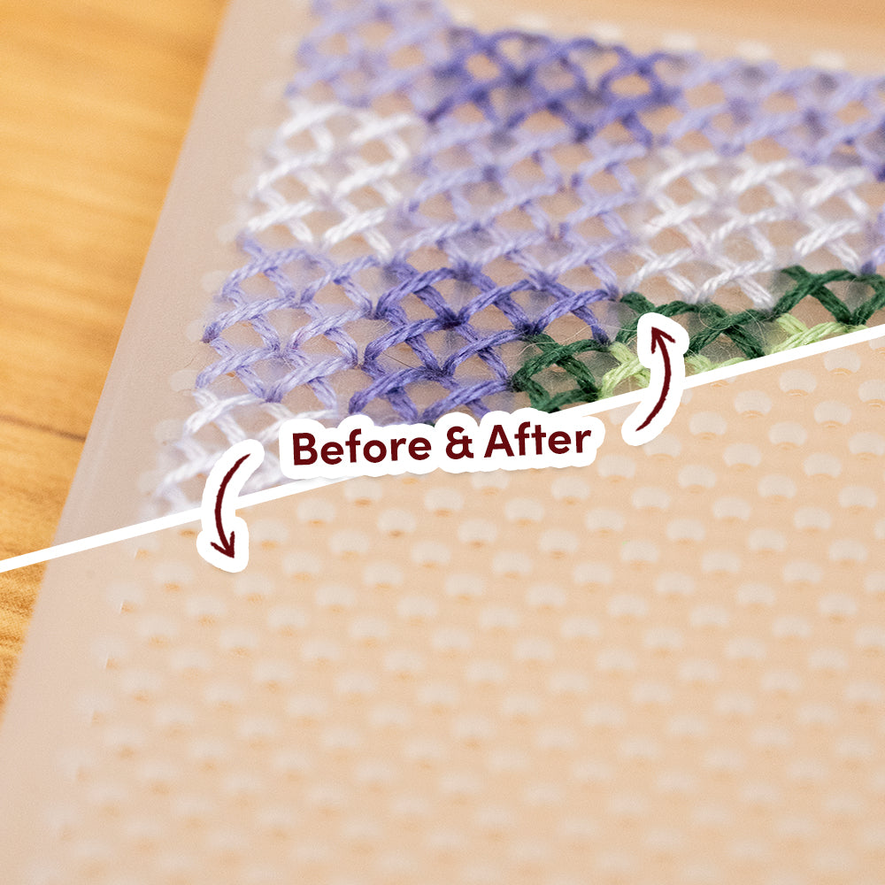 Craft Club Lavender Sage Personalised Initials Cross Stitch Phone Case Kit — before and after stitch close-up