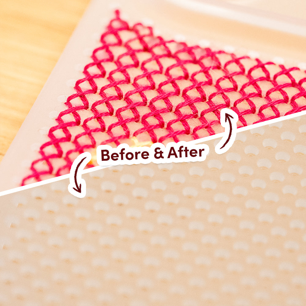 Craft Club Pink Pony Craft Club Cross Stitch Phone Case Kit — before and after stitch close-up