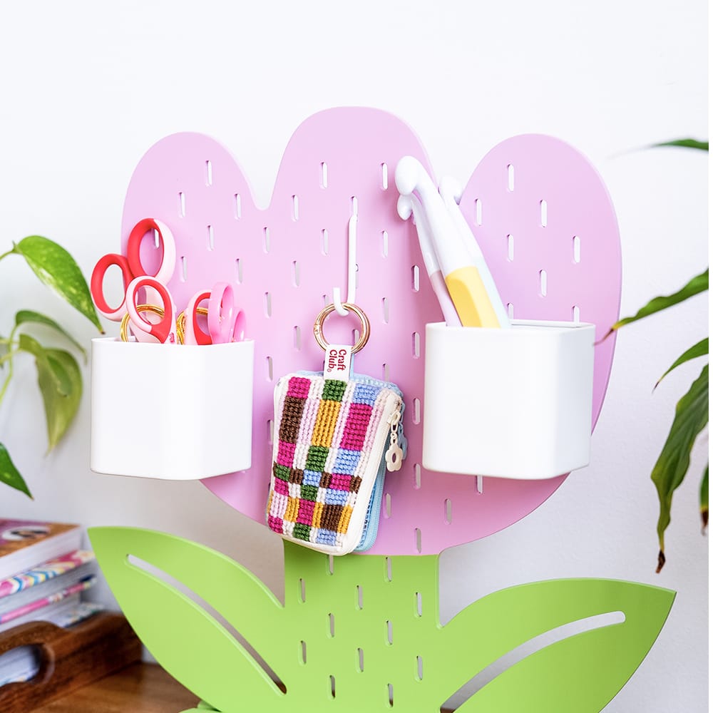 Craft Club PINK TULIP - Pegboard — styled with scissors, cups and a stitched pouch
