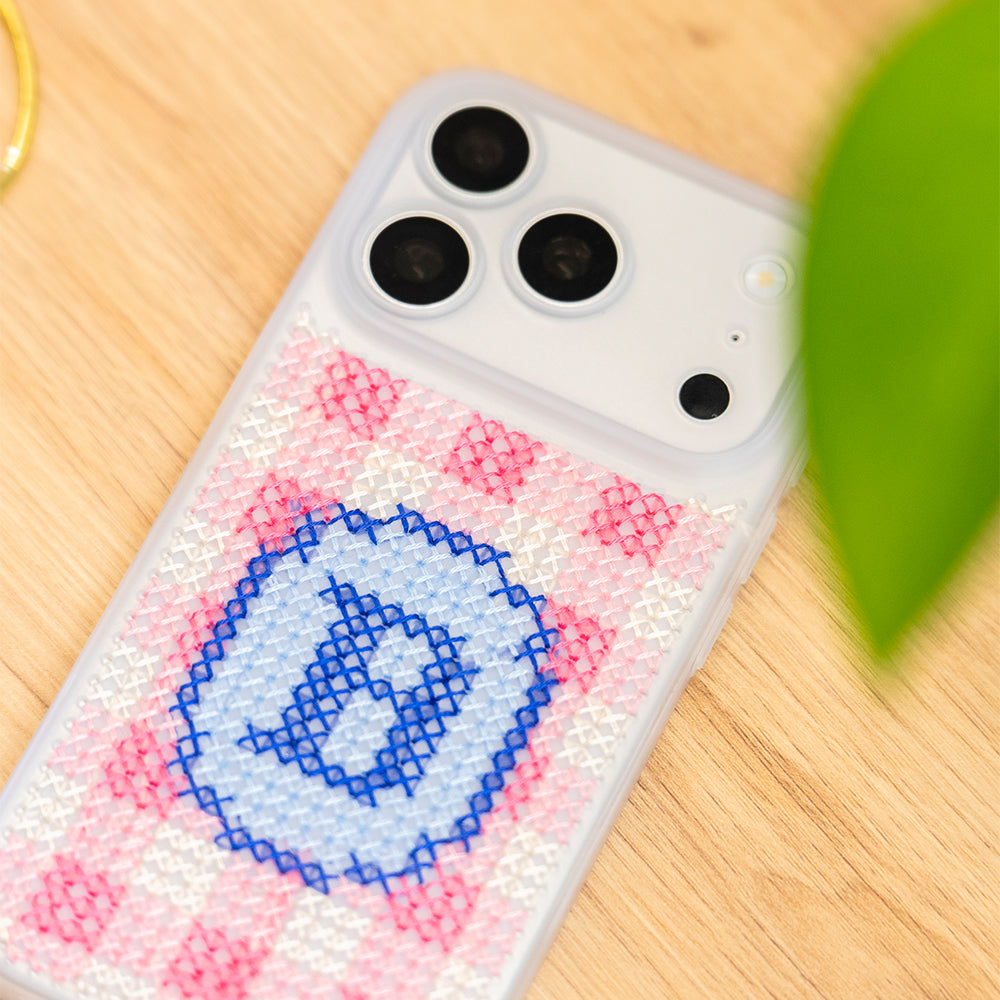 Craft Club Preppy Pink Personalised Initials Cross Stitch Phone Case Kit — finished case close-up