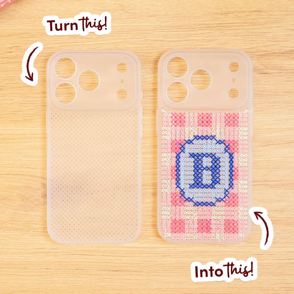 Craft Club Preppy Pink Personalised Initials Cross Stitch Phone Case Kit — turn this into this — blank case and finished case
