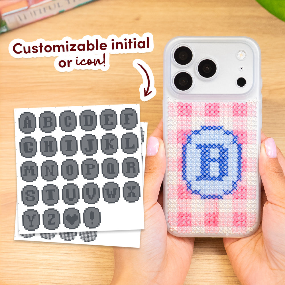 Craft Club Preppy Pink Personalised Initials Cross Stitch Phone Case Kit — customisable initial or icon chart