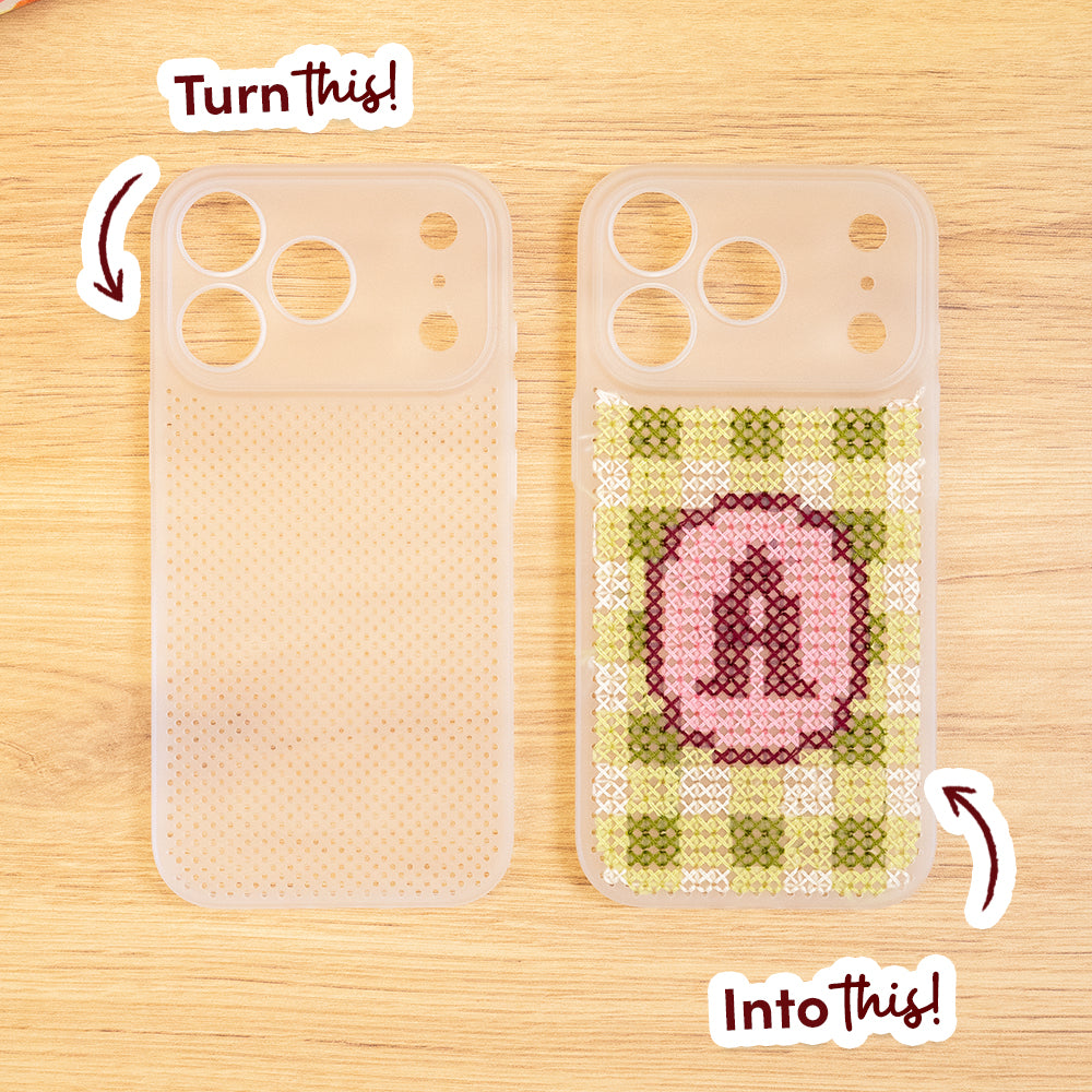 Craft Club Strawberry Matcha Personalised Initials Cross Stitch Phone Case Kit — turn this into this — blank case and finished case