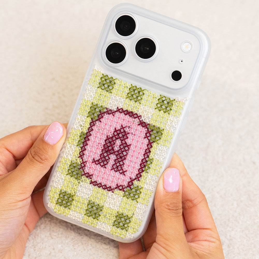 Craft Club Strawberry Matcha Personalised Initials Cross Stitch Phone Case Kit — finished case held in hands