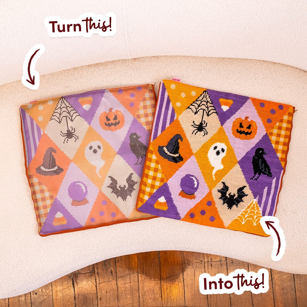 SPOOKY TROVES before and after: the printed canvas beside the finished stitched cushion cover