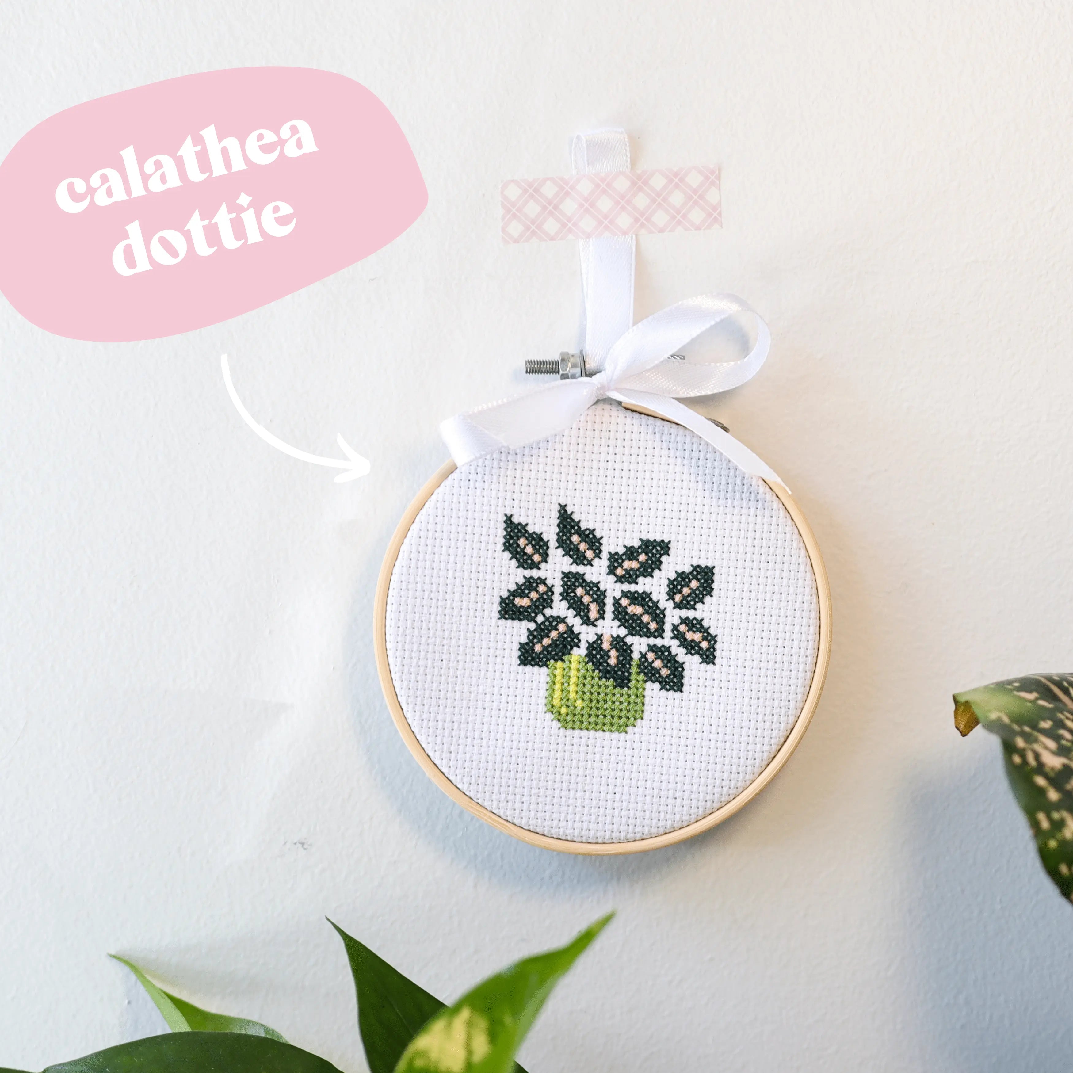 Craft Club Co POT PLANT MINIS Cross Stitch Kit. A close up of the calathea dottie design, with its dark leaves, pink details and green pot.