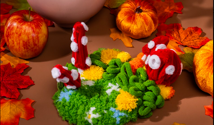 close image of Mushroom Meadow Moss Coaster Kit with fall leaves, pumpkins and apples