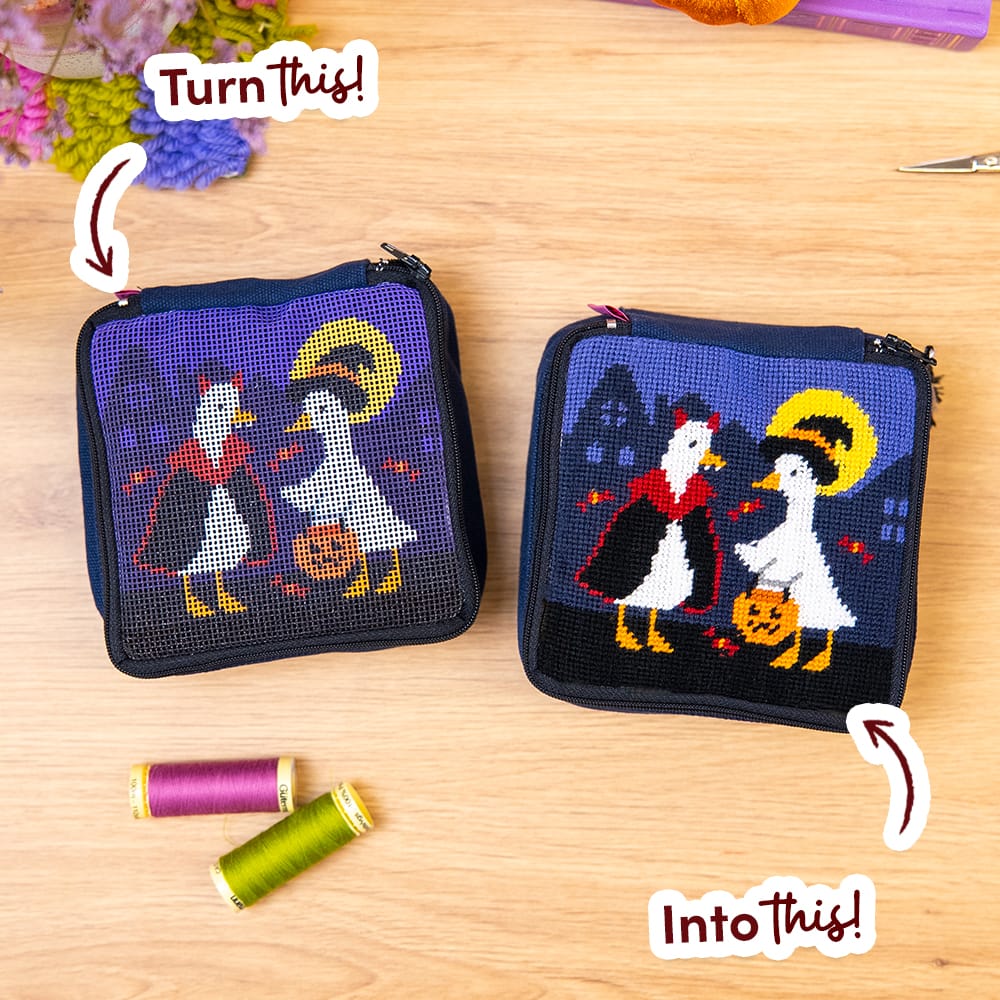 TOIL AND TROUBLE before and after: the printed pouch beside the finished stitched one