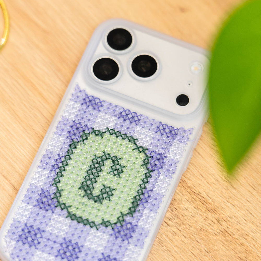 Craft Club Lavender Sage Personalised Initials Cross Stitch Phone Case Kit — finished case close-up