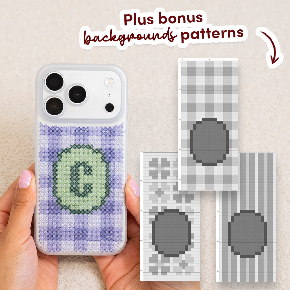 Craft Club Lavender Sage Personalised Initials Cross Stitch Phone Case Kit — plus bonus background patterns