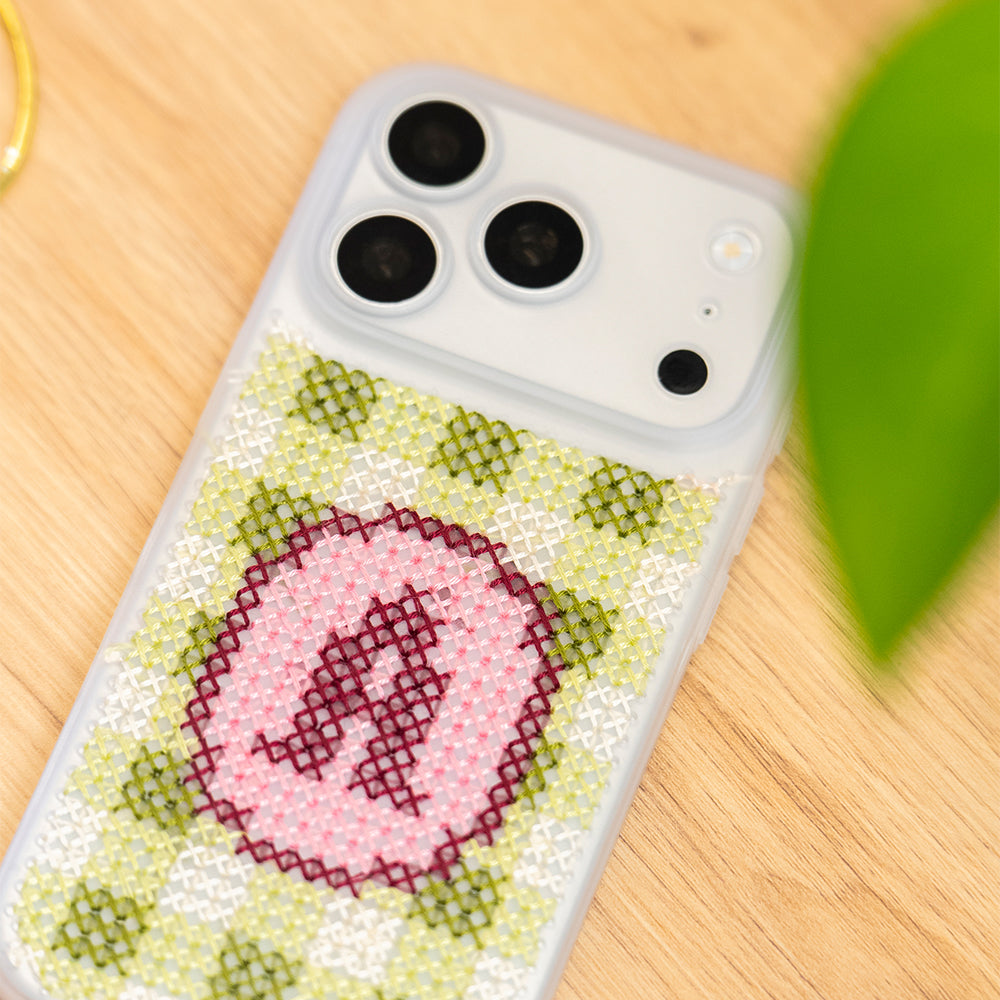 Craft Club Strawberry Matcha Personalised Initials Cross Stitch Phone Case Kit — finished case close-up