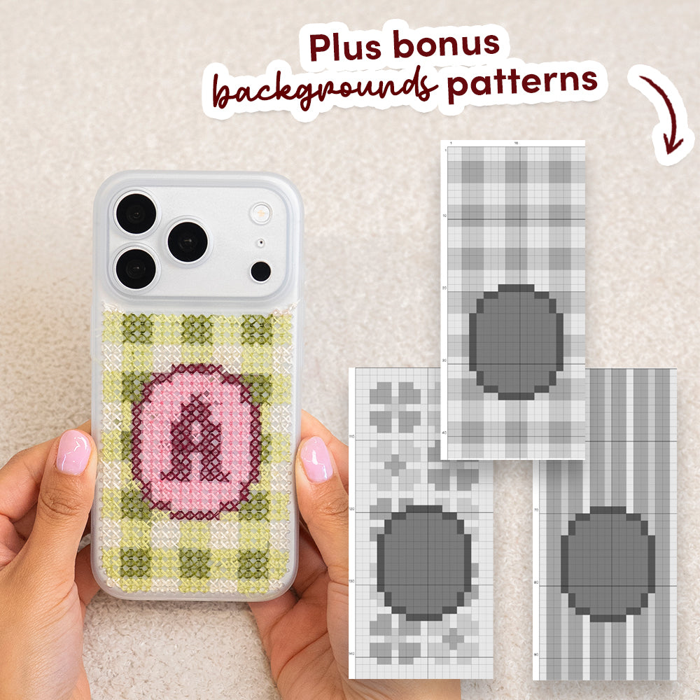 Craft Club Strawberry Matcha Personalised Initials Cross Stitch Phone Case Kit — plus bonus background patterns