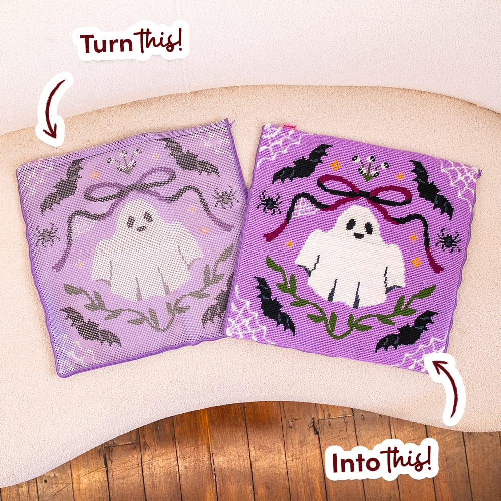 BOO-TIFUL before and after: the printed canvas beside the finished stitched cushion cover