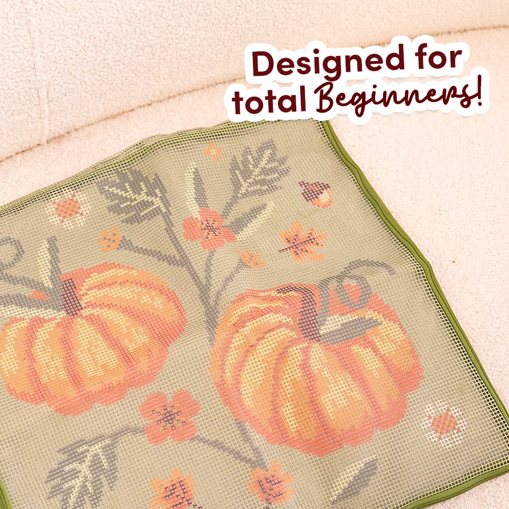 Close-up of the pre-printed COTTAGE PUMPKINS canvas showing the pumpkins before stitching