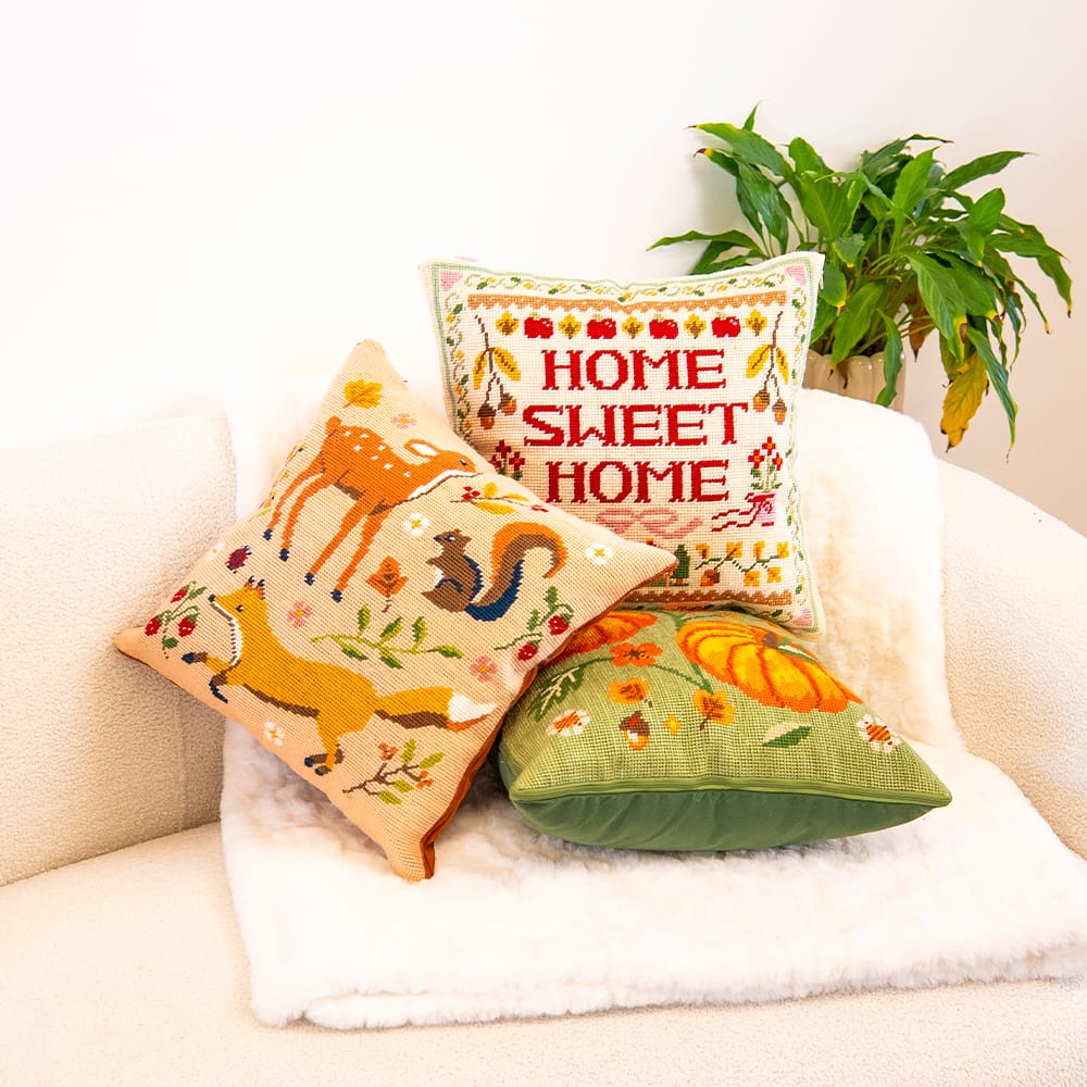 COTTAGE PUMPKINS grouped with the HOME SWEET HOME and FALL FRIENDS needlepoint cushions