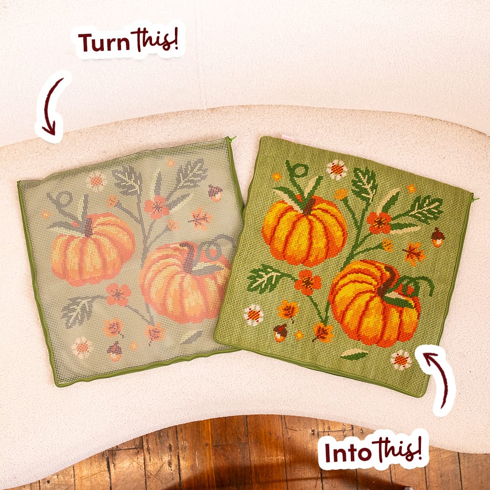 COTTAGE PUMPKINS before and after: the printed canvas beside the finished stitched cushion cover