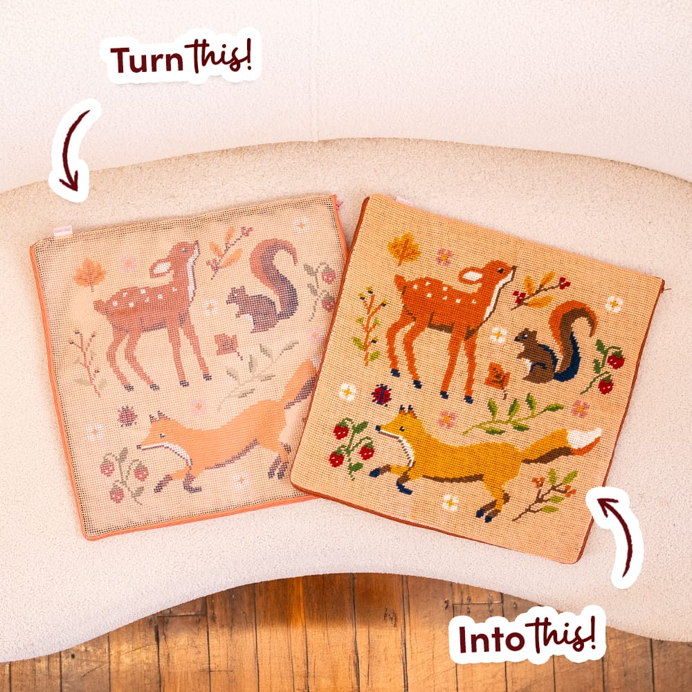 FALL FRIENDS before and after: the printed canvas beside the finished stitched cushion cover