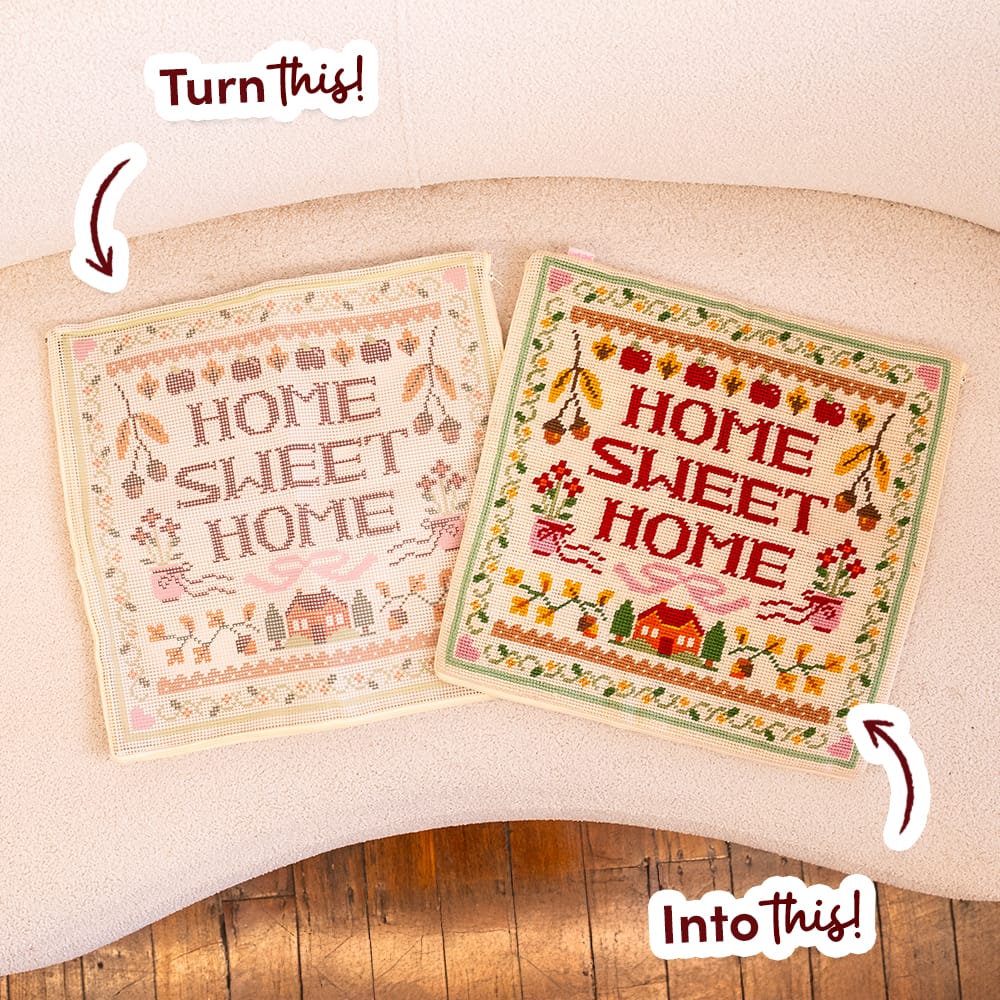 HOME SWEET HOME before and after: the printed canvas beside the finished stitched cushion cover