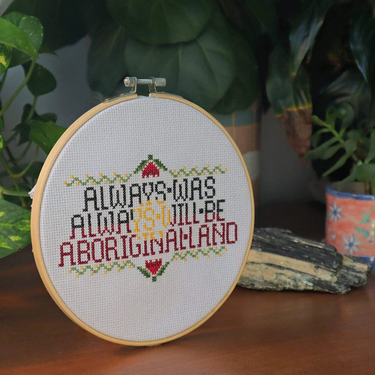Craft Club Co ALWAYS WAS, ALWAYS WILL BE Cross Stitch Kit. The design from a side profile, showing pot plants and a tourmaline decoration next to it.