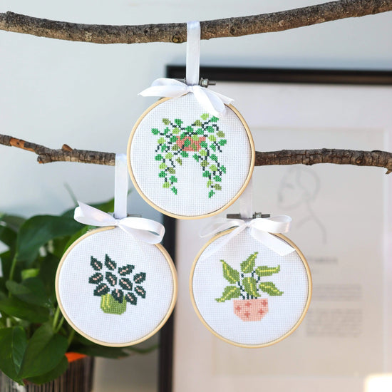 Craft Club Co POT PLANT MINIS Cross Stitch Kit. Hanging on some branches is three mini cross stitch kits with pot plants. One is a calathea dottie in a green pot, another is a burle marx philodendron in a light pink pot and finally a golden pothos with leaves hanging down.