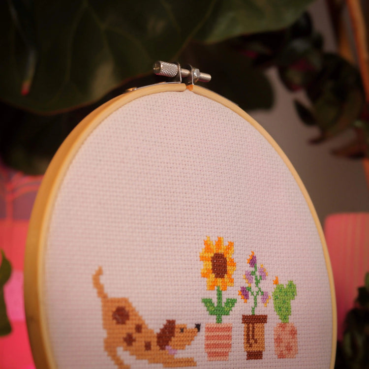 Craft Club Co Pup & the Plants. A close up from another angle, showing the cross stitching on the sunflower.