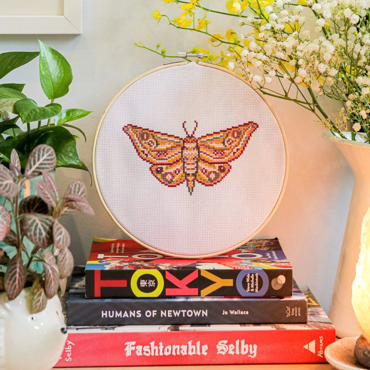 Craft Club Co MOTH Cross Stitch Kit. The design shows a moth with intricate patterns on its wings. The moth is made from warm tones, including maroon, terracotta, deep yellows and pink.