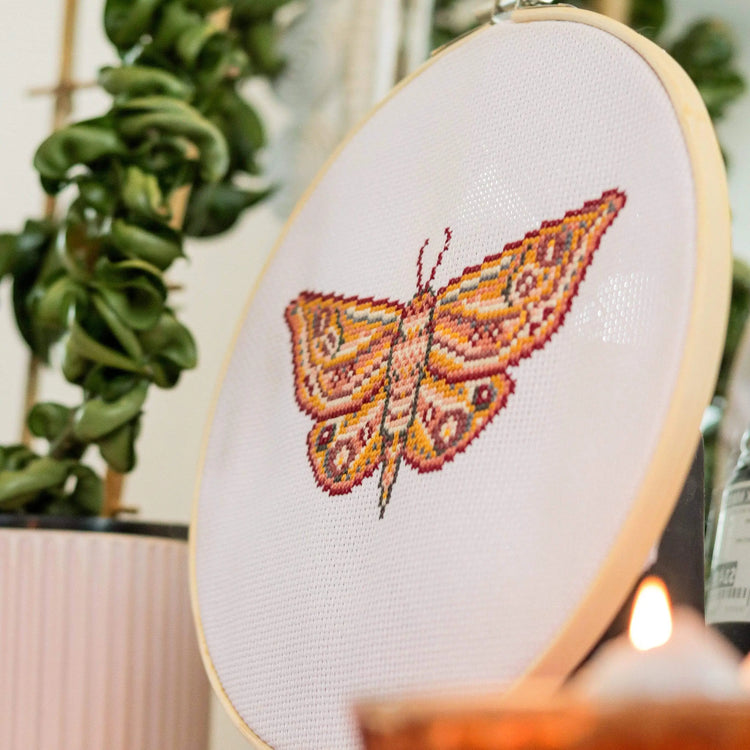 Craft Club Co MOTH Cross Stitch Kit. A side view of the design, showing the stitched details.